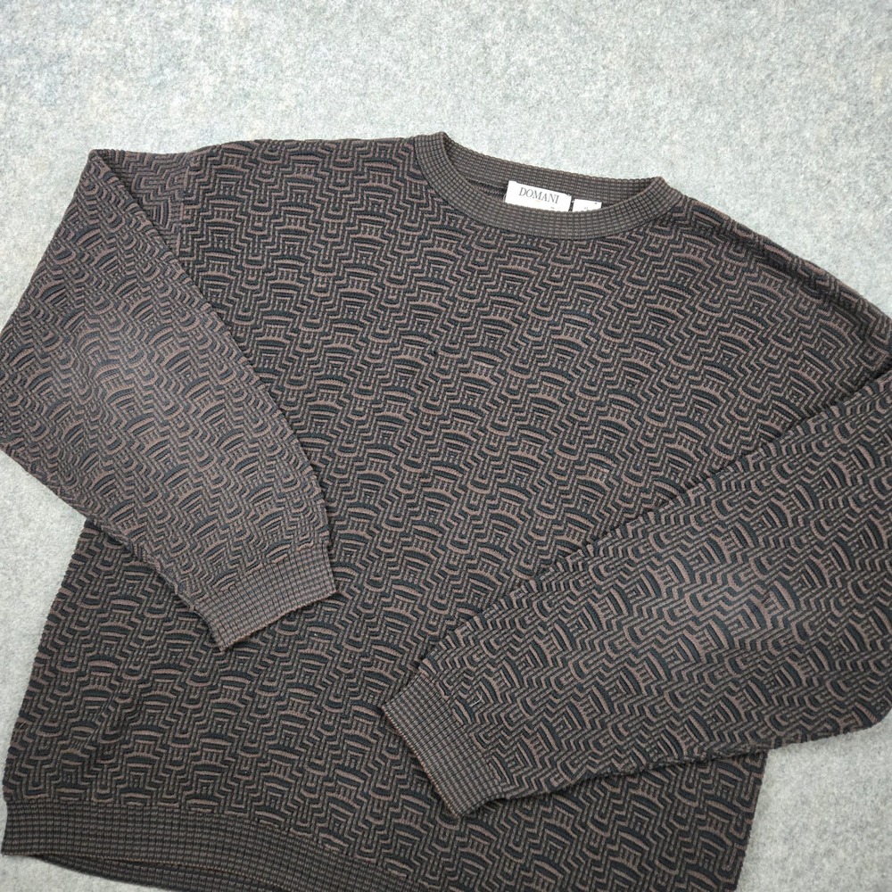 Domani Sweater Mens XL Brown Geometric Textured Knit Cotton Vintage 90s